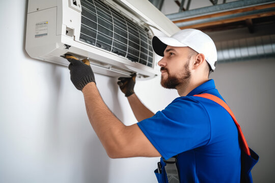 Air conditioning technician servicing a wall-mounted AC unit in Greeley, CO