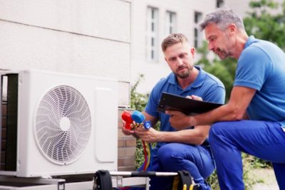 HVAC technicians reviewing an outdoor air conditioning unit in Greeley, CO